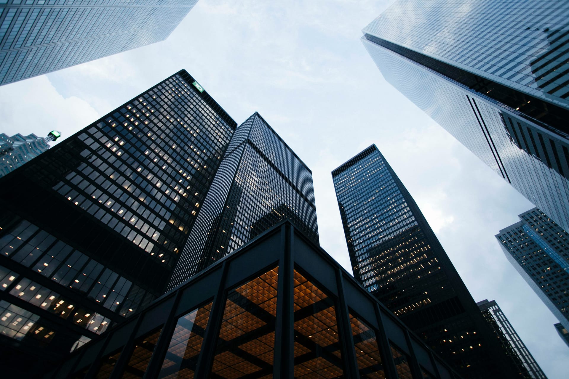 Modern office buildings viewed from street level