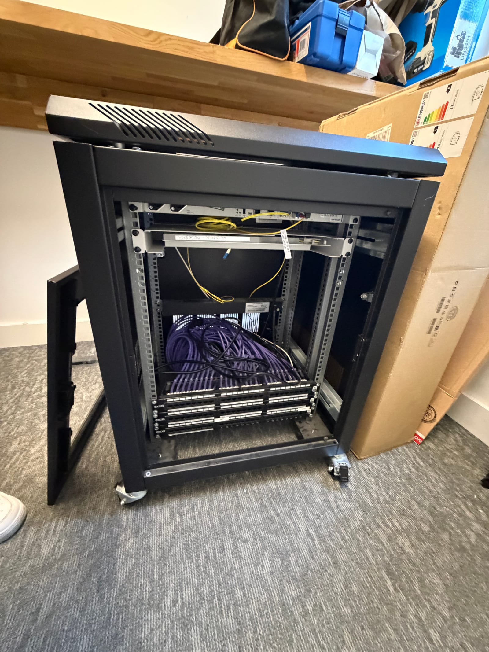 The network cabinet during the fit-out.