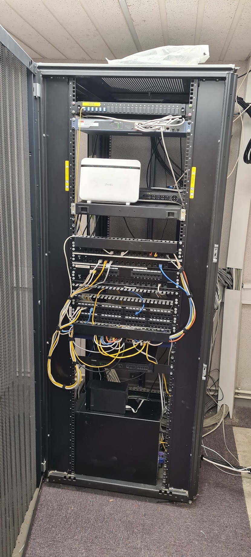 The reorganised cabinet with redundant phone equipment removed and existing leads retained.