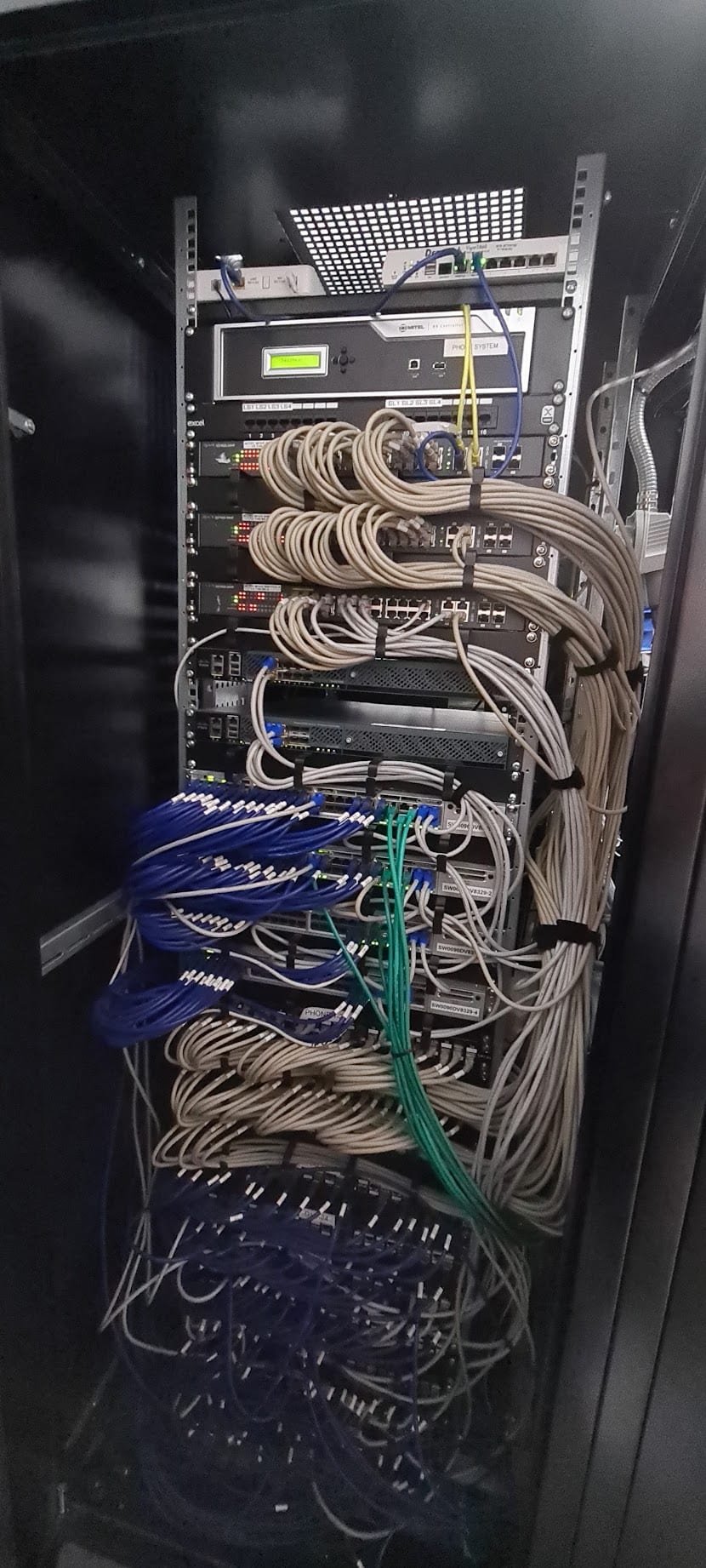 The cabinet after the tidy-up and Mitel phone system installation.