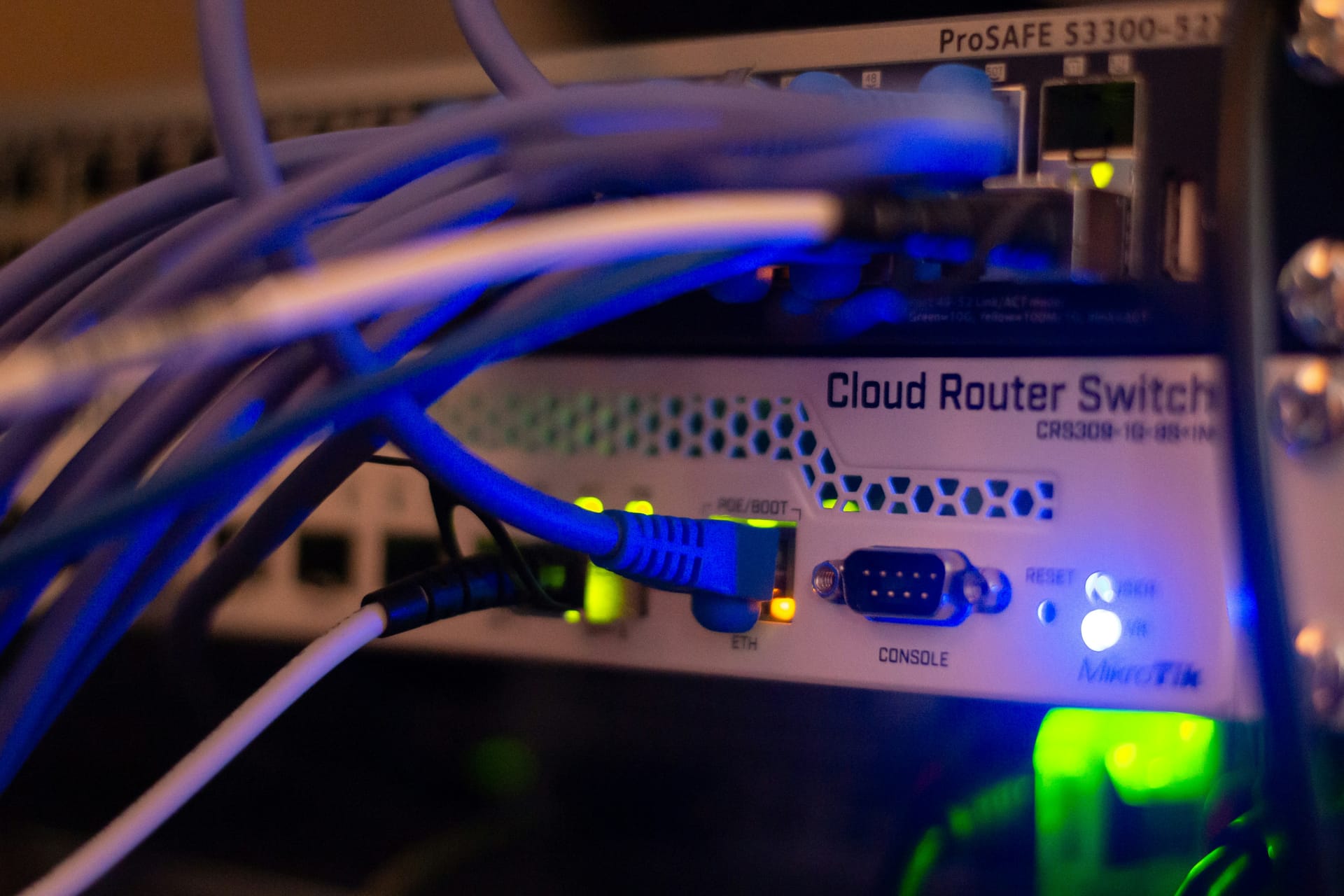 Ethernet connections and status lights on network routing equipment
